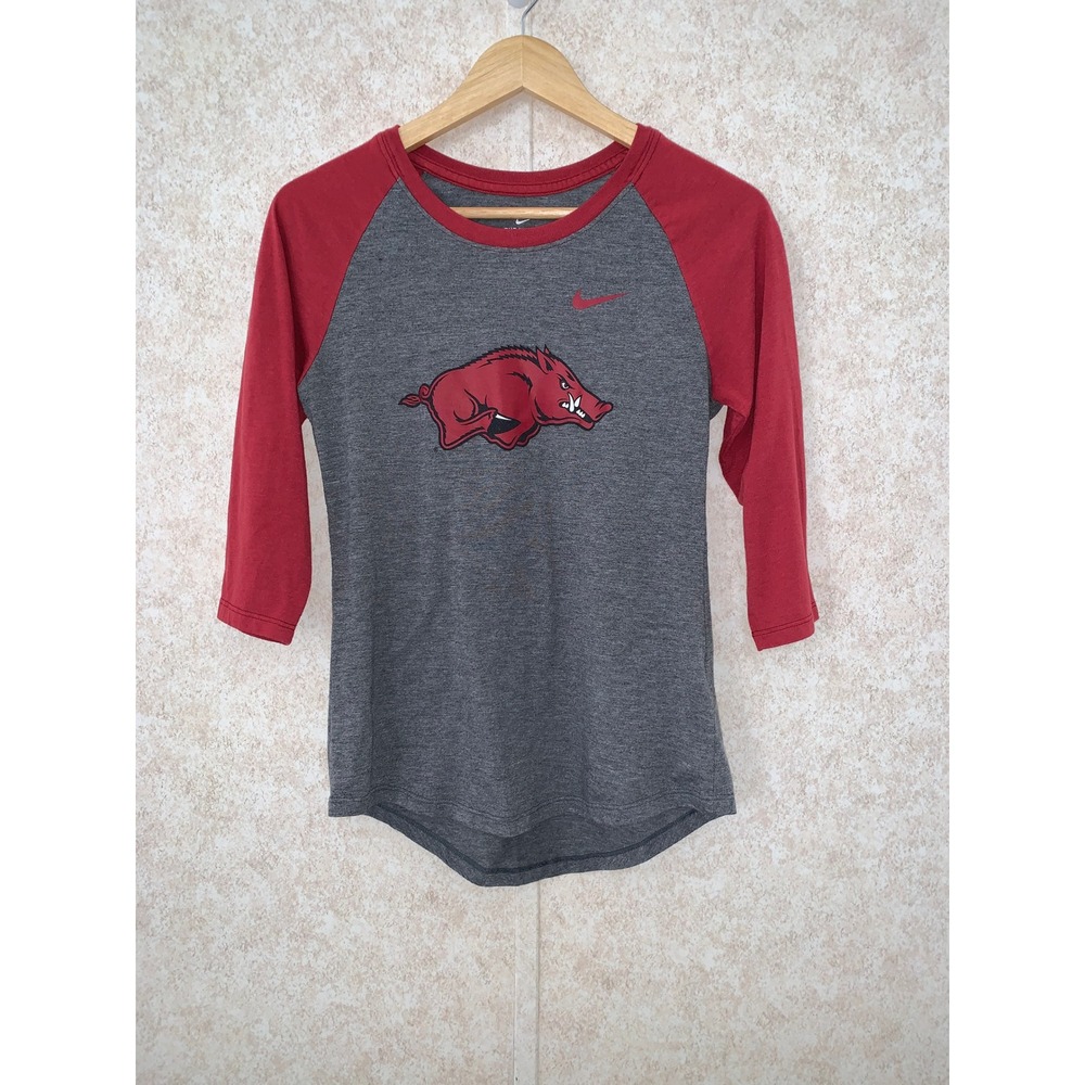Nike Arkansas Razorbacks Dri-FIT 3/4‎ Sleeve Raglan Shirt Grey Red Womens XS